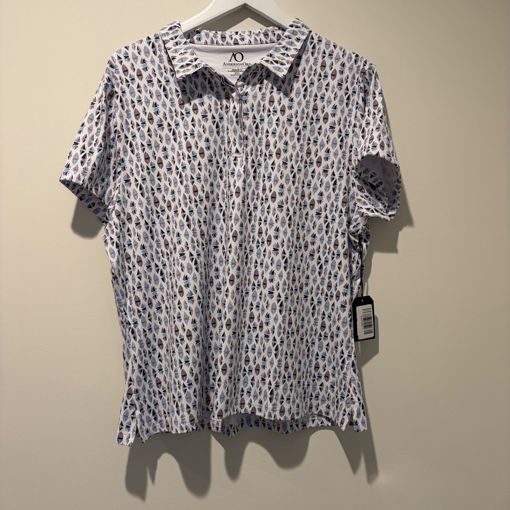 AndersonOrd Womens XXL Performance Golf Polo Shirt White Sailboat Print NWT
